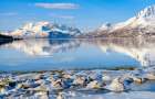 Salangen Fjord near Loksebotn in northern Norway, winter, in the background the island Andorja. Art Print